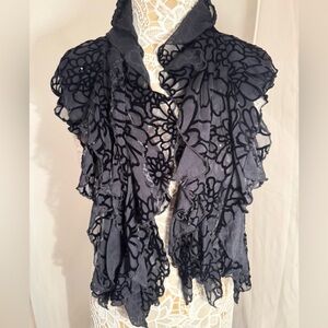 Black Velvet Floral Burnout Ruffled Scarf with Rhinestone Accents